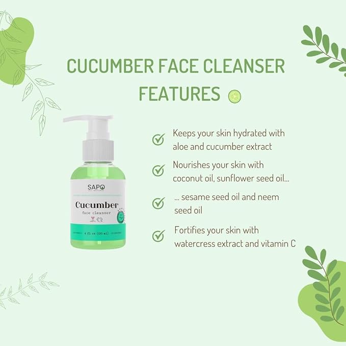 Cucumber Face Cleanser - Daily Gentle Gel Wash with Aloe, Coconut Oil, Neem & Vitamin C - Soothing, Brightening, Hydrating & Vegan for Dry, Sensitive, Oily or Acne Prone Skin - 4 oz