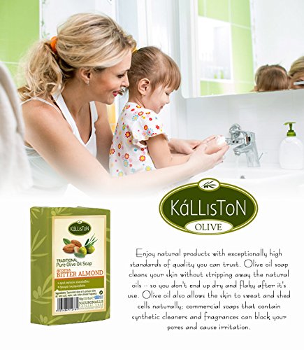 Kalliston, Olive Oil Soap With Bitter Almond extract, Pure Traditional and All Natural Moisturizer, Made in Ancient Crete, Greece, Pack of 4
