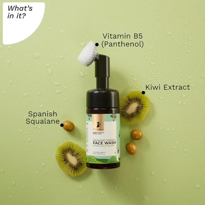 Pilgrim Squalane Foaming Face Wash | Deep Cleansing & Hydrating | Removes Dirt, Oil & Impurities | Enriched with Kiwi Extract & Vitamin B5 | Gentle & Non-Drying | 4.05 Fl Oz (120ml)