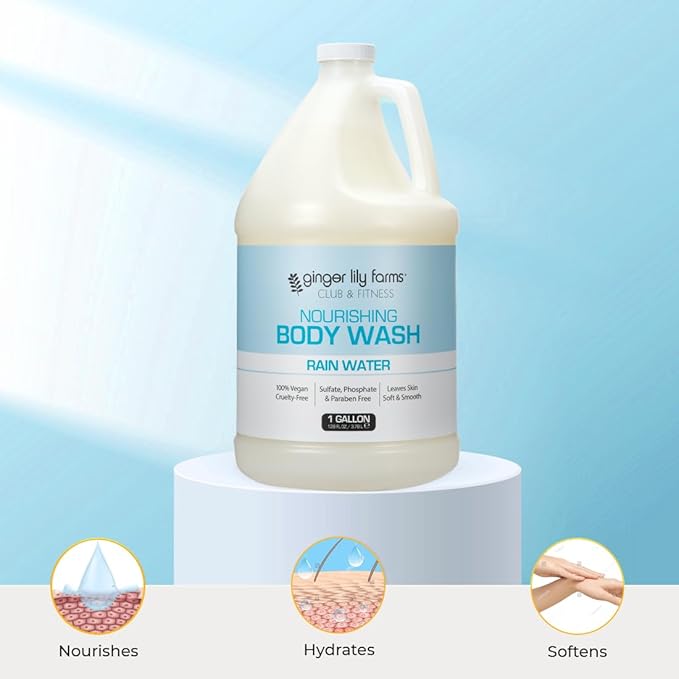 Ginger Lily Farms Club & Fitness Nourishing Body Wash, 100% Vegan & Cruelty-Free, Bath & Shower Gel for Men and Women, Rain Water Scent, 1 Gallon (128 fl. oz.) Refill