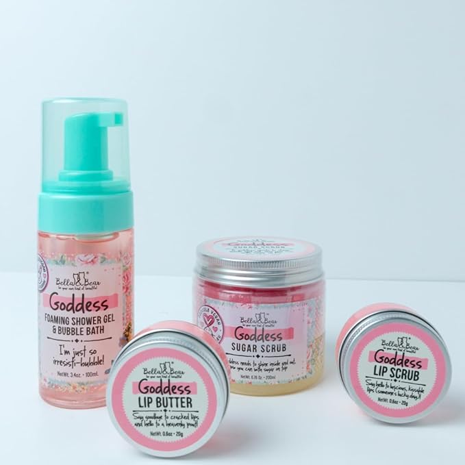 Bella & Bear Goddess MIdi Bath & Body Gift Set with Foaming Shower Gel & Bubble Bath, Body Scrub & Lip Scrub and Lip Butter - Gift - Women