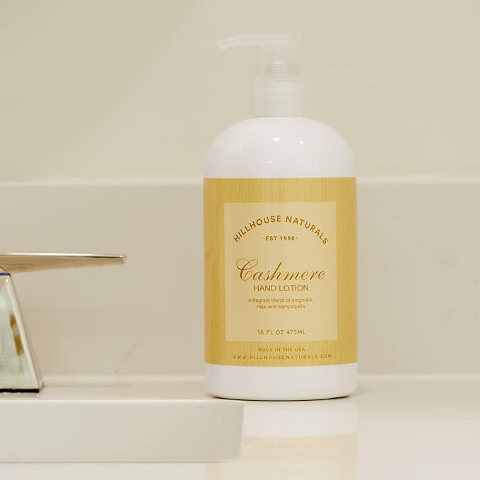 Hillhouse Naturals 16oz Cashmere Hand Lotion. With a soothing melodious composition of roses, magnolia and sampaguita. Made in the USA