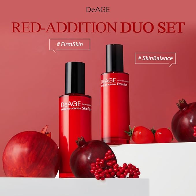 CHARMZONE DeAge Red Addition (New Version) Korean Skincare Set β Anti-Aging Toner & Emulsion Duo (100ml / 3.38 fl.oz Each) with Red Wine, Pomegranate & Tomato for Hydration, Firming & Radiance