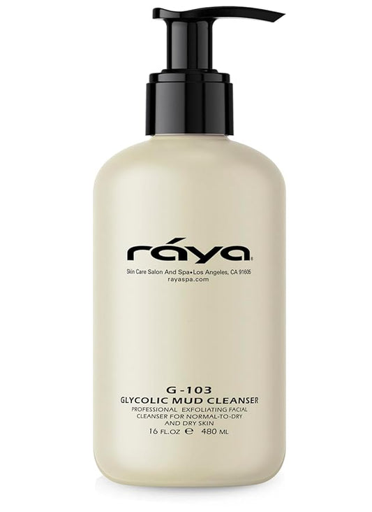 Raya Glycolic Mud Facial Cleanser with AHA 16 oz (G-103) | Exfoliating pH Balanced Facial Cleansing Fluid for Non Sensitive, Dry and Combination Skin | Made with Alpha Hydroxy Acid and Volcanic Mud