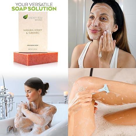 Turmeric and Manuka Honey Soap Bar for Body & Face, Natural Turmeric Soap with Organic Aloe Vera, Shea Butter & Calendula - Gentle For All Skin Types, Unscented (3 pack)