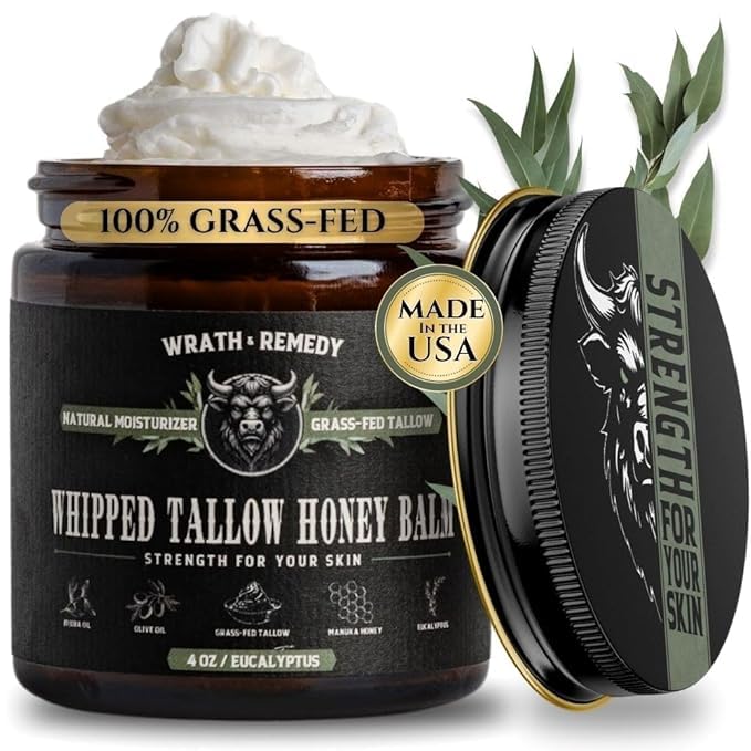 Organic Beef Tallow for Skin - 4 OZ (Eucalyptus) — Grass Fed Beef Tallow for face + Body — US-Made Whipped Tallow and Honey Balm Moisturizer for Dry and Sensitive Skin, Eczema, Rosacea (No Additives)