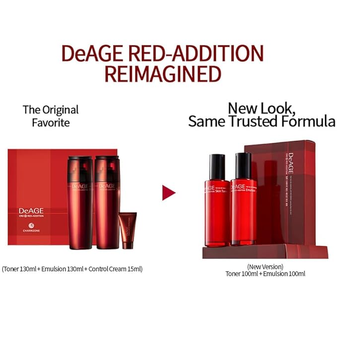 CHARMZONE DeAge Red Addition (New Version) Korean Skincare Set β Anti-Aging Toner & Emulsion Duo (100ml / 3.38 fl.oz Each) with Red Wine, Pomegranate & Tomato for Hydration, Firming & Radiance