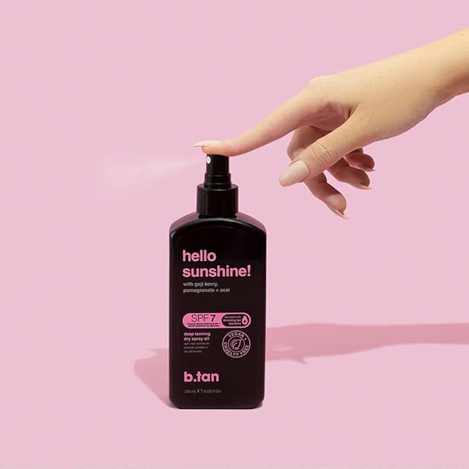 b.tan SPF 7 Tanning Oil | Hello Sunshine - Deep Suntan Dry Spray, Best Outdoor Browning Body Mist, Packed with Moisturizing Goji Berry, Pomegranate + Açai, Austrailian Brand, 8 Fl Oz