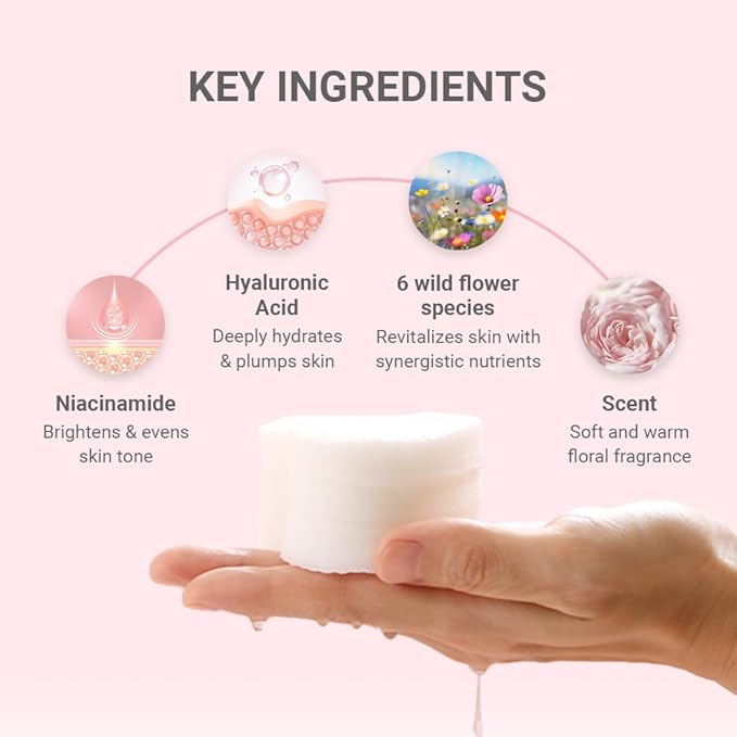 TENZERO Pink Hyaluronic Acid Niacinamide Serum Heart Pad (50 Count, 150g), Hydrating & Brightening Glowing Face Toner Pads, Korean Facial Radiance Pads, Dry Skin