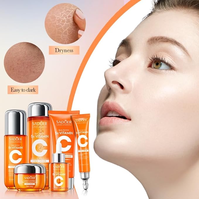 6-Piece Hydrating Skincare Set with Vitamin C & Niacinamide,Tk Face Care Kit Includes Toner, Serum,Cleanser,Moisturizer, Eye Cream & Body Lotion | Unique Gift for Women