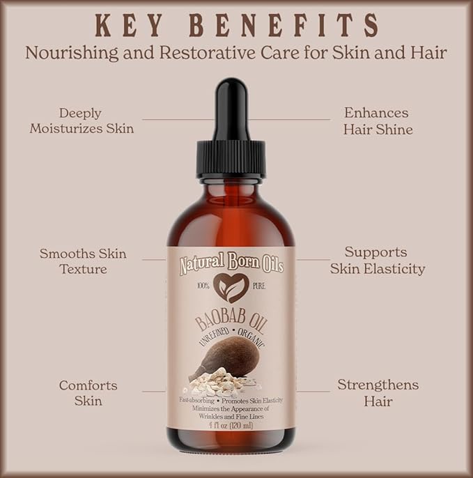 Natural Born Oils 4oz Baobab Oil, 100% Pure and Natural, Organic, Cold-pressed, Unrefined, Non-comedogenic, Moisturizing, Includes Pump & Dropper
