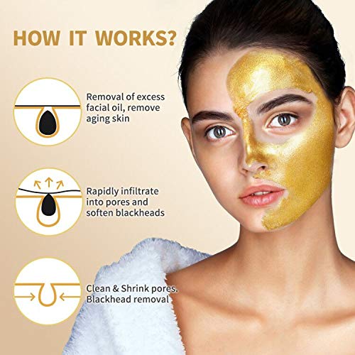 Blackhead Remover Mask, 24K Gold Peel Off Mask, Gold Facial Mask Anti-Aging, Deep Cleansing, Reduces Fine Lines& Wrinkles Great for All Skin, With Blackhead Remover Extractor Tools Kit & Mask Brush