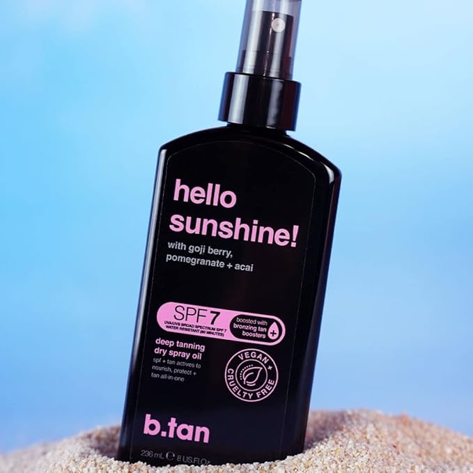 b.tan SPF 7 Tanning Oil | Hello Sunshine - Deep Suntan Dry Spray, Best Outdoor Browning Body Mist, Packed with Moisturizing Goji Berry, Pomegranate + Açai, Austrailian Brand, 8 Fl Oz