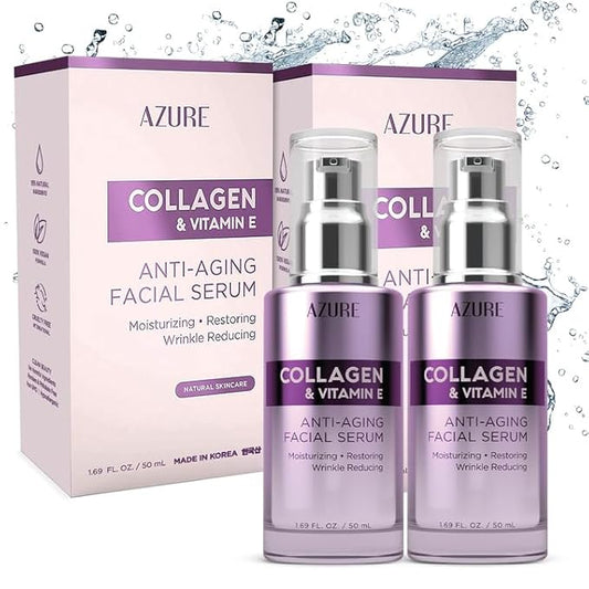 Azure Cosmetics Collagen & Vitamin E Serum For Face - Dermatologist Tested, Anti-Aging, Fine Lines & Wrinkle Treatment - Nourish Dull Skin - Lightweight, Vegan, Clean Beauty, Korean Skin Care - 2 Pack