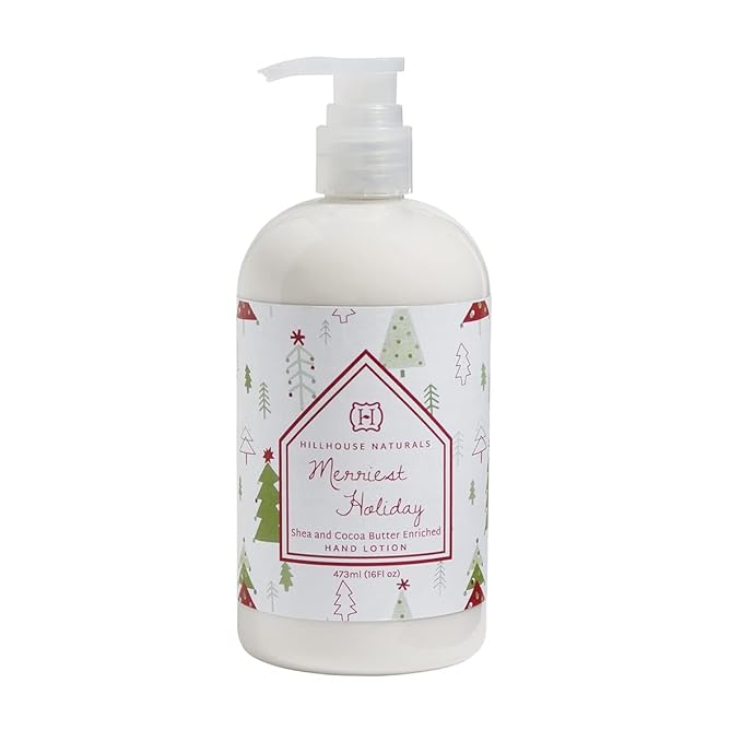 Hillhouse Naturals 16oz Merriest Holiday Hand Lotion. With scents of pine and eucalyptus, this earthy and woody fragrance. Made in the USA
