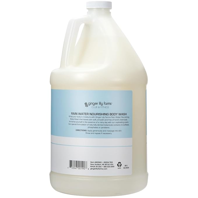 Ginger Lily Farms Club & Fitness Nourishing Body Wash, 100% Vegan & Cruelty-Free, Bath & Shower Gel for Men and Women, Rain Water Scent, 1 Gallon (128 fl. oz.) Refill