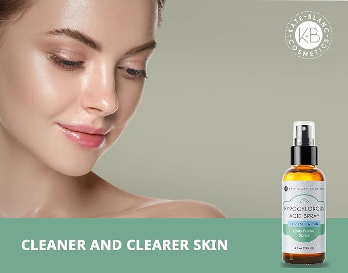 Kate Blanc Cosmetics Hypochlorous Acid Spray for Face and Skin. Gentle Facial Cleanser for Acne and Body with .02% HOCl (4oz)
