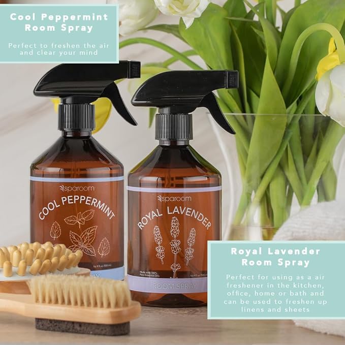 SpaRoom Linen Spray 2-Pack Combo – Cool Peppermint & Royal Lavender Aromatherapy Set with Essential Oils, Mist for Bedding, Linens, and Home – 2 x 16.9 oz Variety Pack