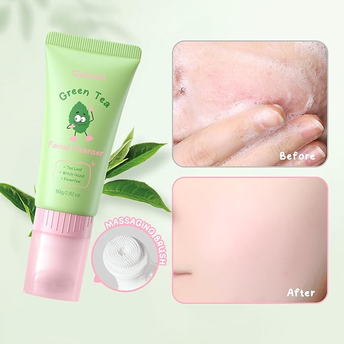Green Tea Skin Care Set, Korean Style Facial Skincare Products, Routine Skin Care for Teens, Gift Set with Toner, Facial Cleanser, Clay Mask, Eye Cream, GUASHA Broad, Face Wash Brush & Headband