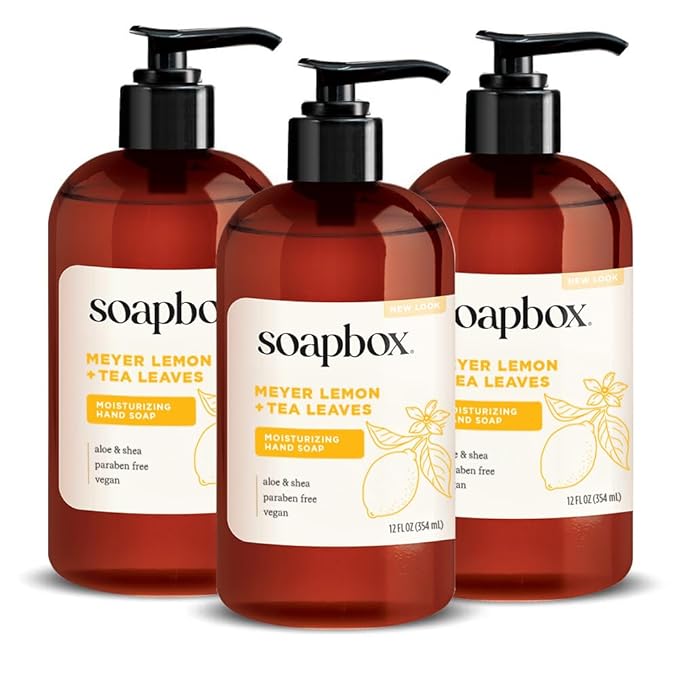 Soapbox Liquid Hand Soap, Meyer Lemon & Tea Leaves - Gentle, Moisturizing Hand Cleanser, Vegan, Cruelty Free Hand Soap for Bathroom and Kitchen, 12oz Pump Bottles (Pack of 3)