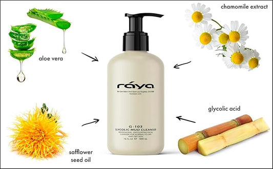 Raya Glycolic Mud Facial Cleanser with AHA 16 oz (G-103) | Exfoliating pH Balanced Facial Cleansing Fluid for Non Sensitive, Dry and Combination Skin | Made with Alpha Hydroxy Acid and Volcanic Mud
