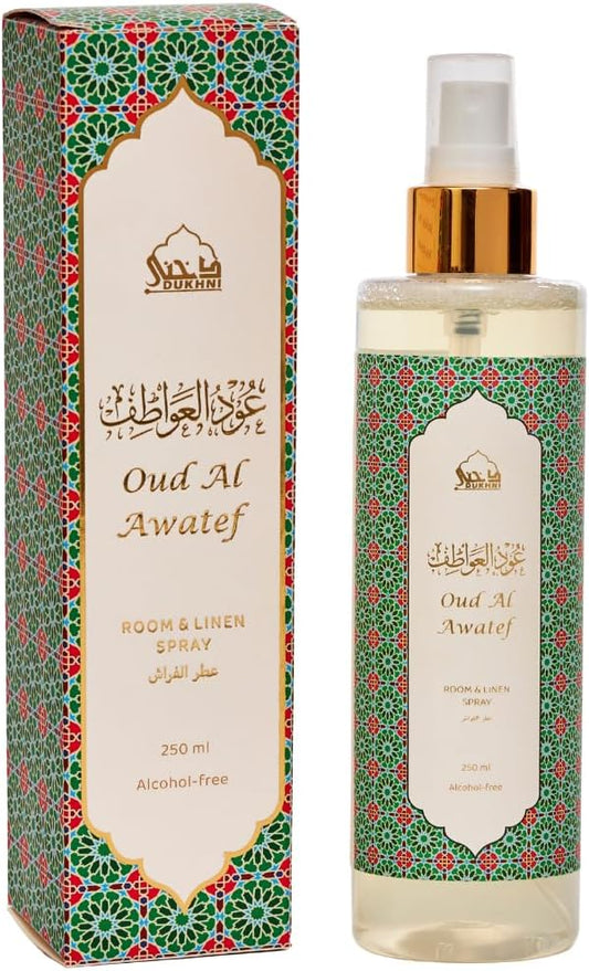 Oud al Awatef Arabic Room Spray by Dukhni | 250ml Oud fragrance Air Freshener, Attar al Faraash for home & prayer mats | Bed linen, Sofa Mist, natural home scent, curtain spray, odour eliminator