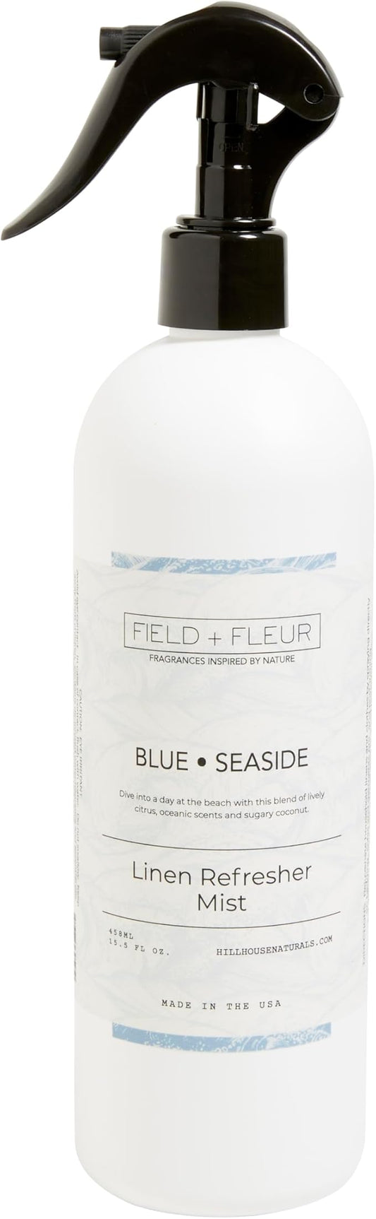 Field + Fleur by Hillhouse Naturals Blue Seaside Linen Refresher Mist 15.5oz - Fresh Home Fragrance Spray for Bedding, Sofas & Clothes - Citrus, Oceanic Notes & Sugary Coconut - Made in the USA