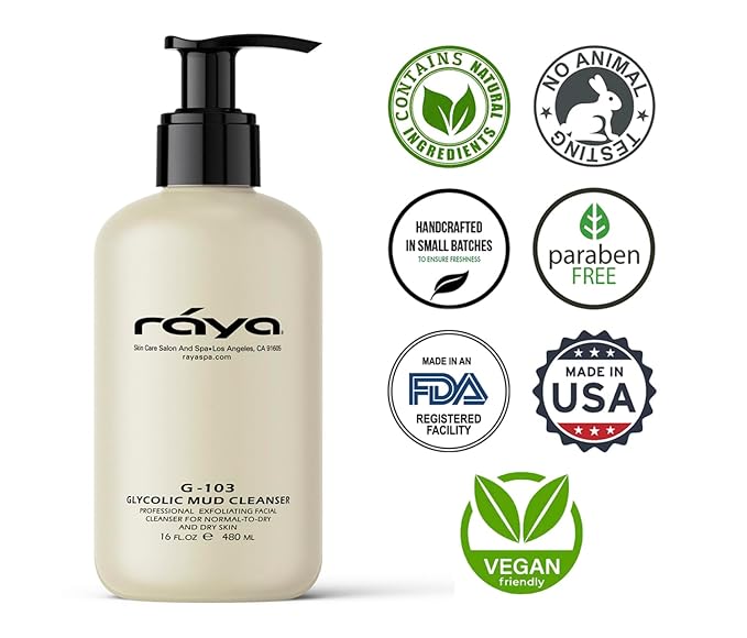 Raya Glycolic Mud Facial Cleanser with AHA 16 oz (G-103) | Exfoliating pH Balanced Facial Cleansing Fluid for Non Sensitive, Dry and Combination Skin | Made with Alpha Hydroxy Acid and Volcanic Mud