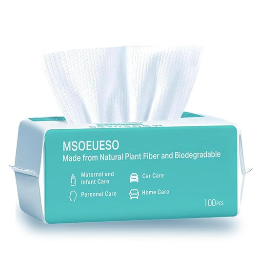 MSOEUESO Soft Dry Wipes Cotton Facial Tissues, 100 Count Disposable Face Towels, Cotton Face Towel for Sensitive Skin, Facial Cleansing, Makeup Removing, Surface Cleaning