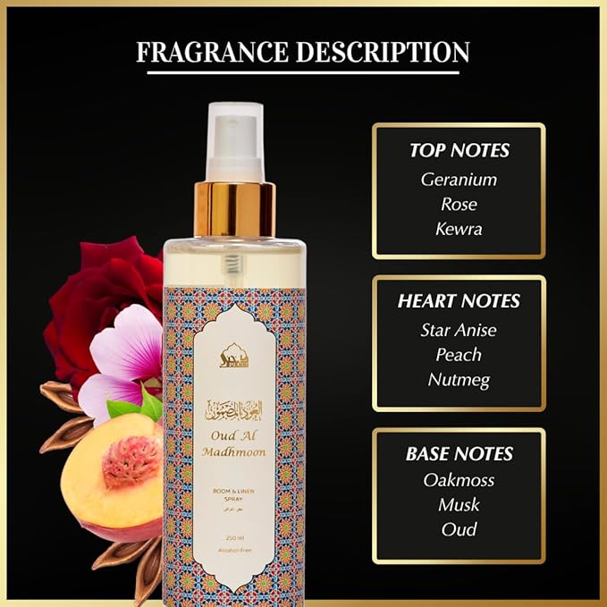 Oud al Madhmoon Arabic Room Spray by Dukhni | 250ml Oud fragrance Air Freshener, Attar al Faraash for home & prayer mats | Bed linen, Sofa Mist, natural home scent, curtain spray, odour eliminator