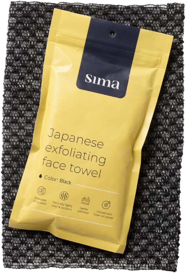 Exfoliating Washcloth Face & Body Scrub Towel - Japanese Exfoliating Towel with Hexagon Fibers, Body Scrubber with 2 Sides for Scrubbing & Washing (Black, 27cm x 35cm)