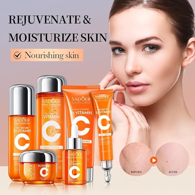 Vitamin C Skincare Set ,Skin Hydration,1Gift Box,1Toner,Face Care Kit Includes Toner,Serum,Cleanser,Moisturizer,Eye Cream & Body Lotion,Unique Gift for Women