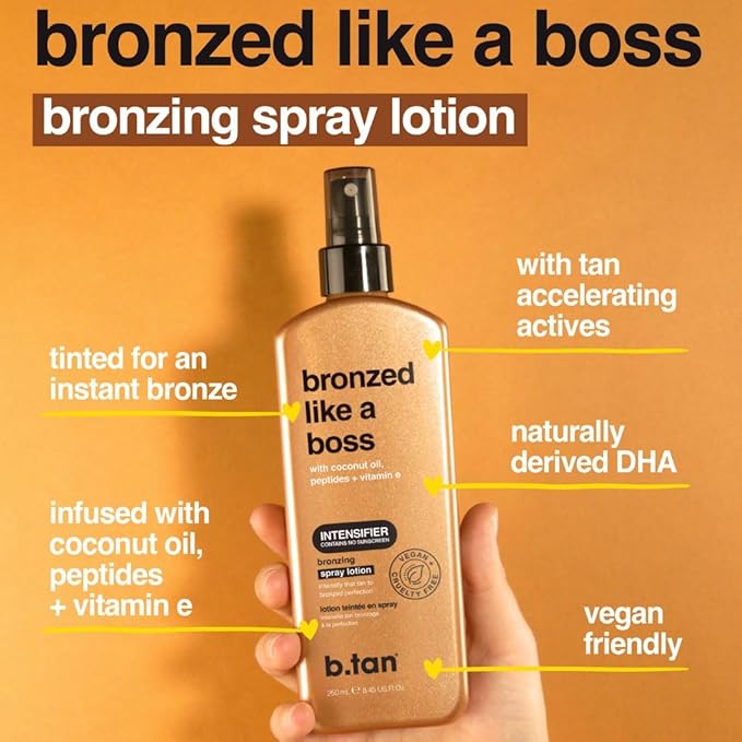 b.tan Sun Tanning Lotion Spray | Bronzed Like a Boss - Brown Outdoor Bronzing Accelerator, Best Tan Intensifier, No SPF, Packed with Coconut Oil, Peptides, & Vitamin E, Austrailian Brand, 8.45 Fl Oz