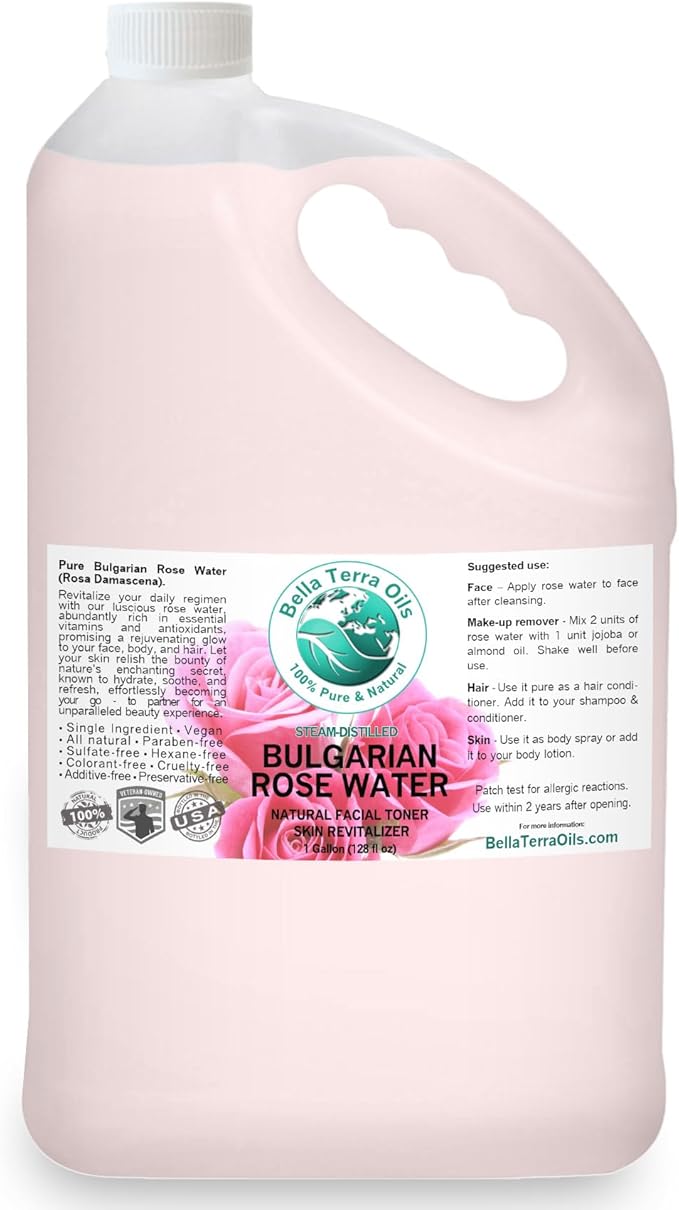 Bella Terra Oils Rose Water Hydrosol β 1 Gallon | Pure, Gentle Facial Toner & Mist | Natural Skin Tonic, Makeup Setting Spray | Organic, Steam-Distilled