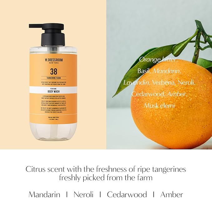 W.Dressroom Perfume Body Wash, Moisturizing Cleanser with Refreshing Scent, Gentle Hydrating Shower Gel, Korean Skincare, No.38 Tangerine Farm, 16.9 fl oz (500 ml)
