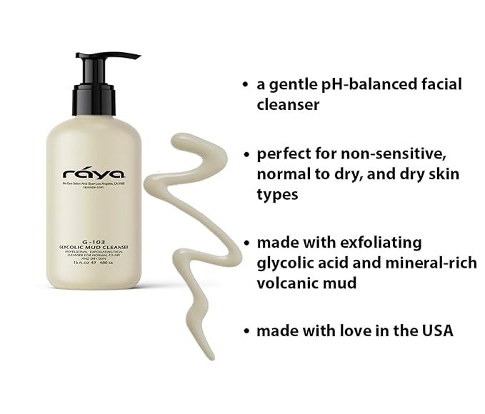 Raya Glycolic Mud Facial Cleanser with AHA 16 oz (G-103) | Exfoliating pH Balanced Facial Cleansing Fluid for Non Sensitive, Dry and Combination Skin | Made with Alpha Hydroxy Acid and Volcanic Mud
