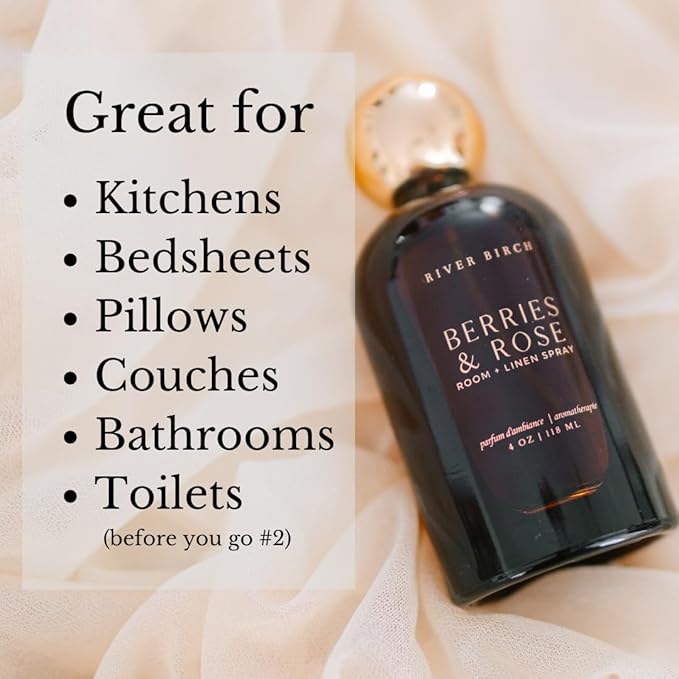 River Birch Luxury Linen and Room Spray - Berries + Rose Home Signature Scent - Room Fragrance Spray - Fragrant Fresh Linen Air Freshener - Handmade in Texas - 4 oz Glass Amber Gold Top