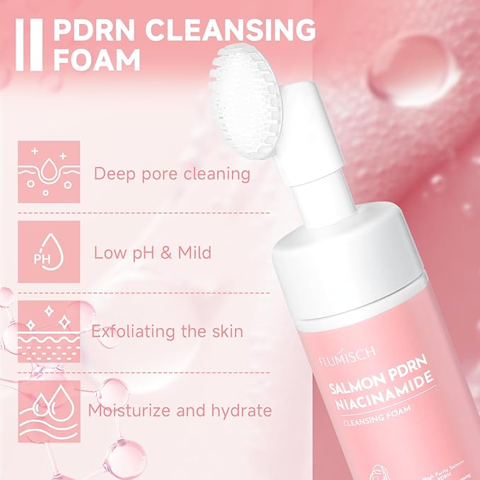 Salmon DNA PDRN Facial Cleanser | Low pH Hydrating Daily Foaming Face Wash with Soft Massage Heads | PDRN, Collagen & LHA | Gentle Pore Care & Radiant, Balanced-Looking Skin | 2PCS