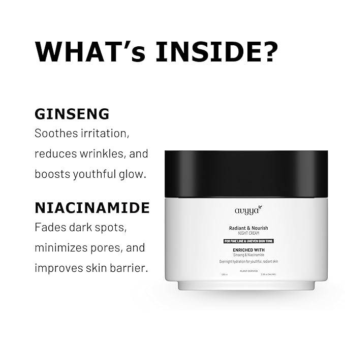Radiant and Nourish Night Cream for Fine Line and Uneven Skin tone enriched with Ginseng and Niacinamide | Hydrates Overnight, Reduces Wrinkles and Dark Spots - 3.38 oz