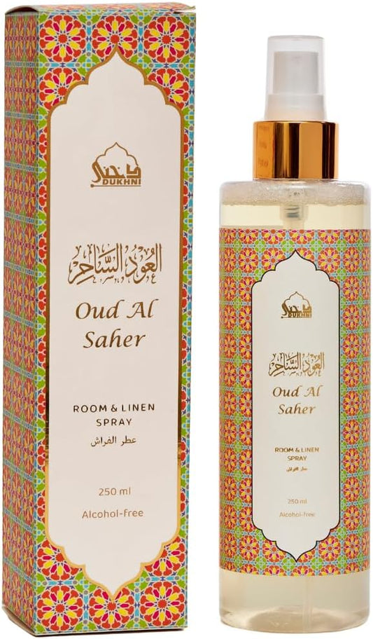Oud al Saher Arabic Room Spray by Dukhni | 250ml Oud fragrance Air Freshener, Attar al Faraash for home & prayer mats | Bed linen, Sofa Mist, natural home scent, curtain spray, odour eliminator