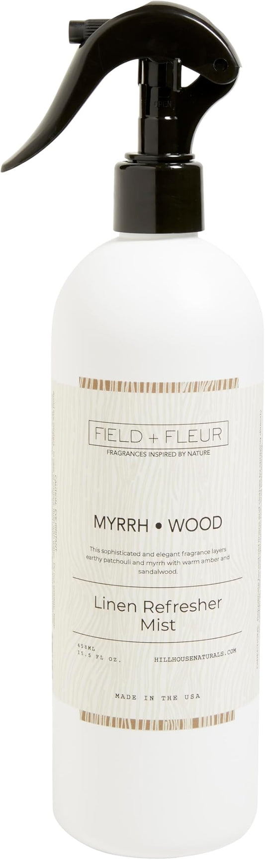Field + Fleur by Hillhouse Myrrh Wood Linen Refresher Mist 15.5oz - Elegant Home Fragrance Spray for Bedding, Sofas, & Clothes - Patchouli, Myrrh, Amber & Sandalwood - Made in the USA
