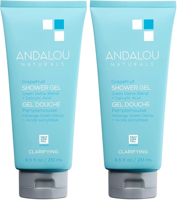 Andalou Naturals Body Wash, Clarifying Grapefruit Shower Gel, Gentle Exfoliating Salicylic Acid Body Wash with Tea Tree & Witch Hazel, Targets Back Acne, Blemishes & Excess Oil, 8.5 fl oz (Pack of 2)