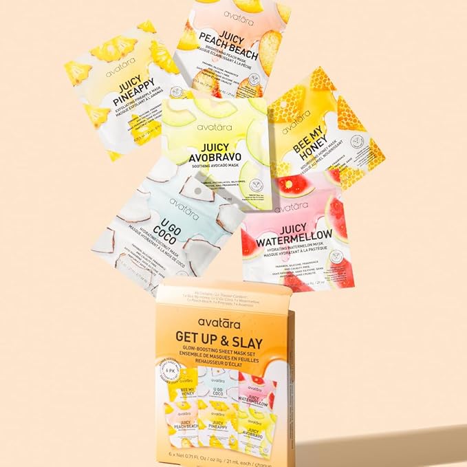 Avatara Get up & Slay 6-Pack Sheet Mask Set, Beauty and Skincare Face Masks Collection | Natural Extracts, Hydrating Skin Care Set | All Skin Types | Packaging May Vary
