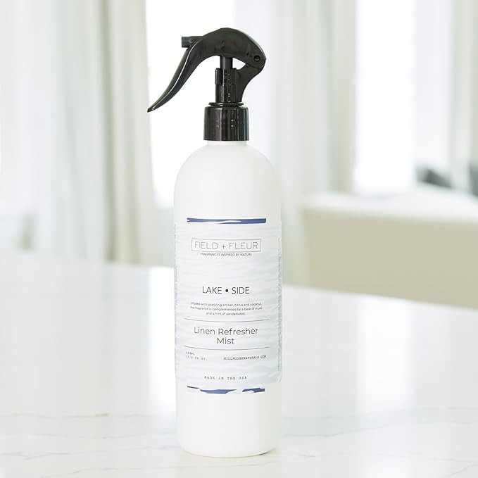 Field + Fleur by Hillhouse Naturals Lake Side Linen Refresher Mist 15.5oz - Fresh Home Fragrance Spray for Bedding, Sofas & Clothes - Amber, Citrus, Coconut, Musk & Sandalwood - Made in the USA