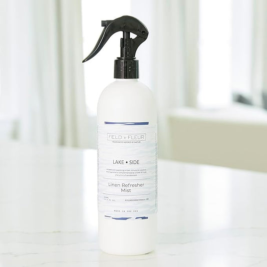 Field + Fleur by Hillhouse Naturals Lake Side Linen Refresher Mist 15.5oz - Fresh Home Fragrance Spray for Bedding, Sofas & Clothes - Amber, Citrus, Coconut, Musk & Sandalwood - Made in the USA