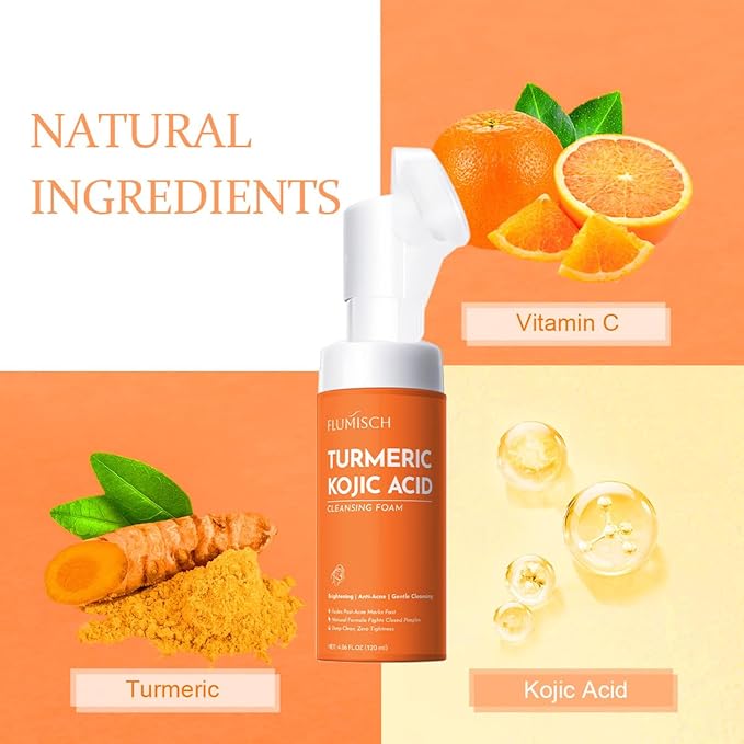 Turmeric Kojic Acid Facial Cleanser, Brightening Foaming Face Wash with Soft Massage Heads, Kojic Acid Cleanser Exfoliating, Turmeric Cleansing for Dark Spots 4.23 oz
