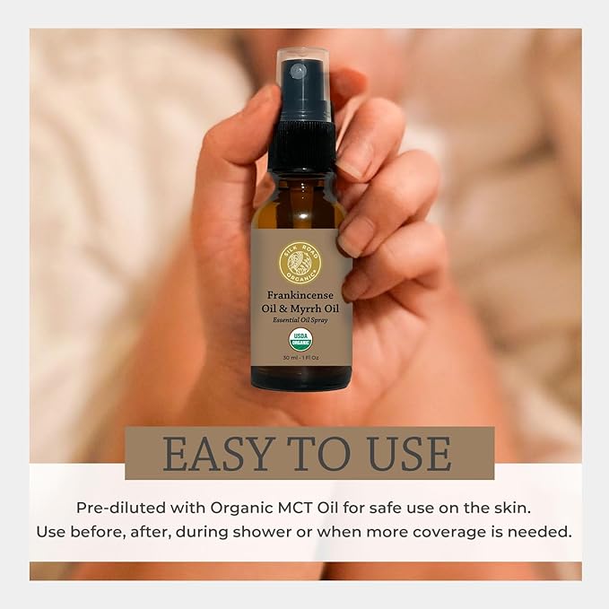 Silk Road Organic Frankincense Oil & Myrrh Essential Oil Spray, 100% Pure USDA Certified Aromatherapy for Body Aches, Stiffness & Tingling, Stress Relief, & Skin - 1 Oz Spray