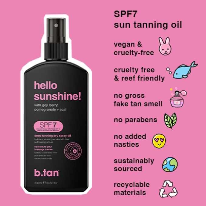 b.tan SPF 7 Tanning Oil | Hello Sunshine - Deep Suntan Dry Spray, Best Outdoor Browning Body Mist, Packed with Moisturizing Goji Berry, Pomegranate + Açai, Austrailian Brand, 8 Fl Oz