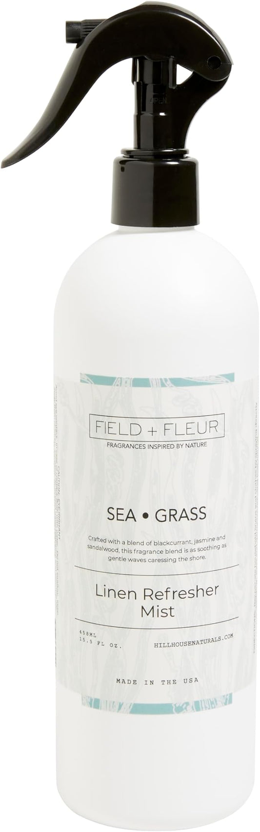 Field + Fleur by Hillhouse Naturals Sea Grass Linen Refresher Mist 15.5oz - Fresh Home Fragrance Spray for Bedding, Sofas & Clothes - Blackcurrant, Jasmine & Sandalwood - Made in the USA