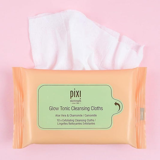 Pixi Beauty Glow Tonic Cleansing Cloths | Cleansing, Exfoliating, and Hydrating Disposable Face Towelettes | 3 Packs of 10 Face Wipes (30 Wipes Total)